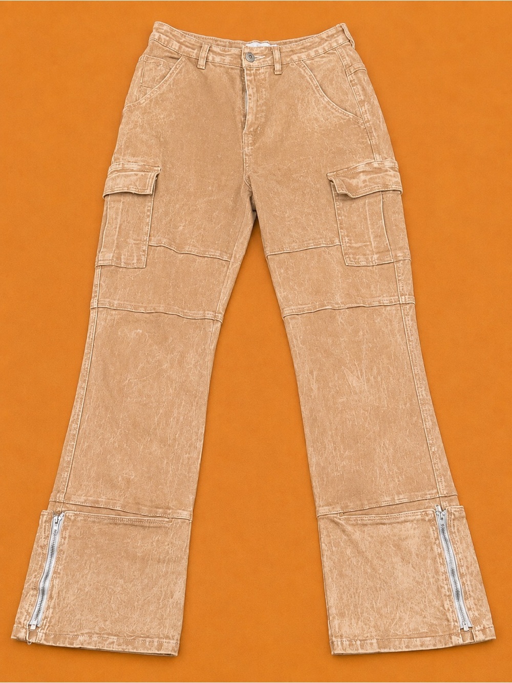 Fashion Nova Washed Tan Cargo Flare Jeans with Ankle Zips